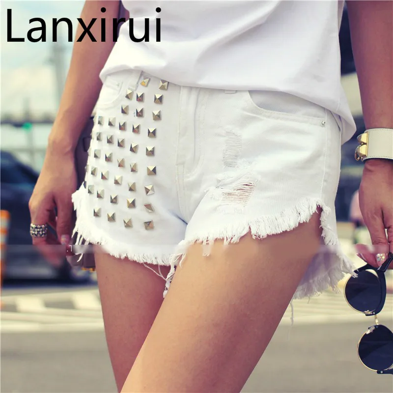 

High Quality Sexy Hot Short Jeans Women Punk Style Rivet Vintage Hole Mid Waist Denim Skinny Short 3 Colours New Fashion