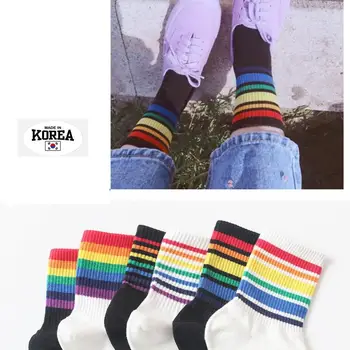 

12pairs=24pcs 200 Needle Count 100% Pure Cotton Women Socks Rainbow Cuff Footwear Wholesale Middle Tube Sokken Female 2019 New