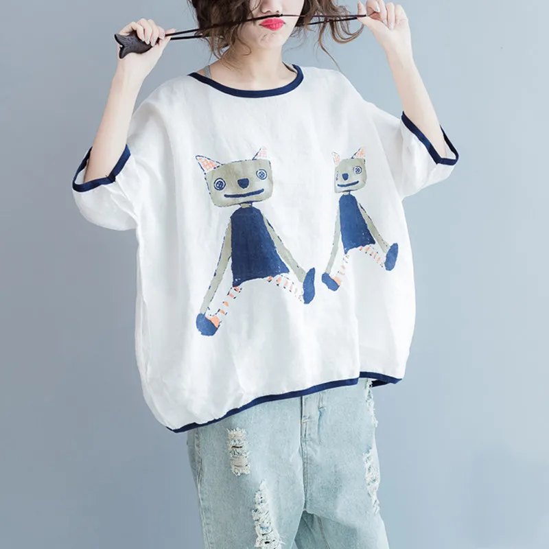 

Johnature Casual Loose O-Neck Half Sleeve Solid Color Patchwork Cartoon Tops New 2019 Summer Black White Women T-Shirts