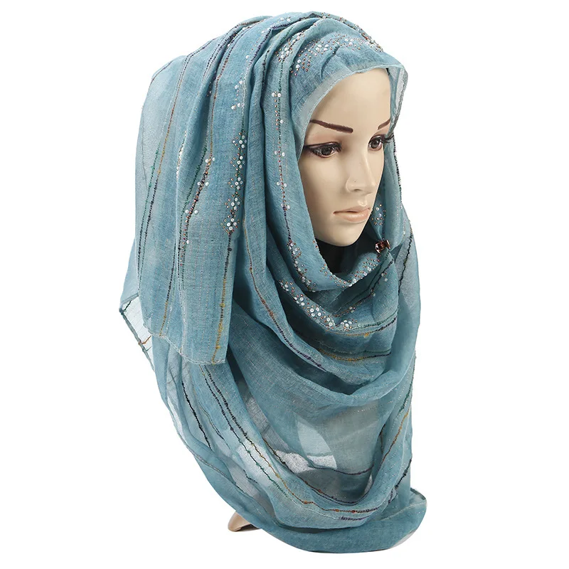 

Fashion Women Cotton Scarf Shiny Rhinestones Stripe Striped Scarves Shawl Wraps for Muslim Lady Hijab Scarf Long Malaysia Tudung