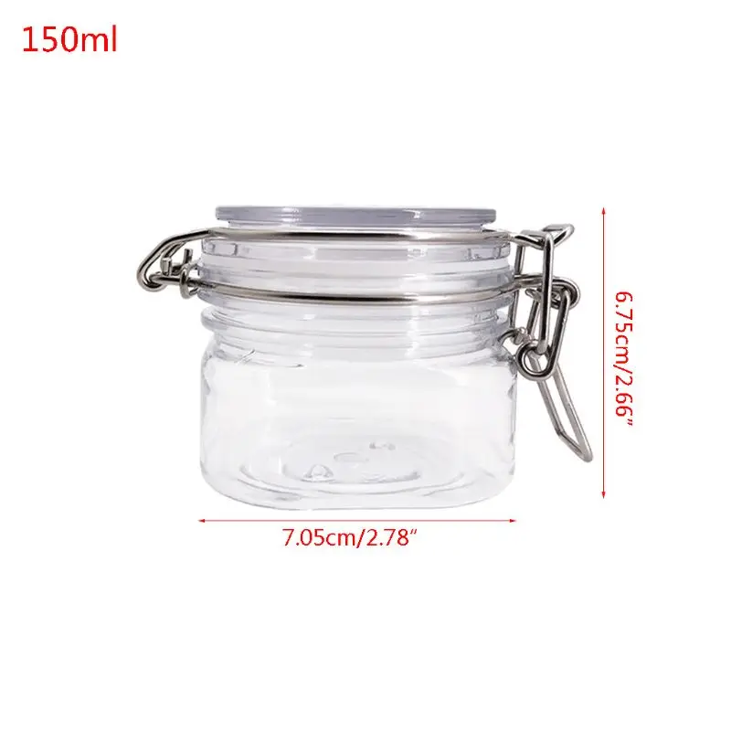 150ML Plastic Square Clip Top Storage Jar With Airtight Seal Lid Kitchen Food Container Tableware Preserving Cosmetic Cream Orga