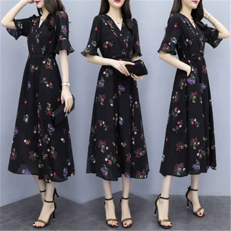 

Plus Size 4XL 2019 New Summer Big Size Dress Women Flare Sleeve Floral Print Long Chiffon Dresses Ruffles Female Beach Clothing