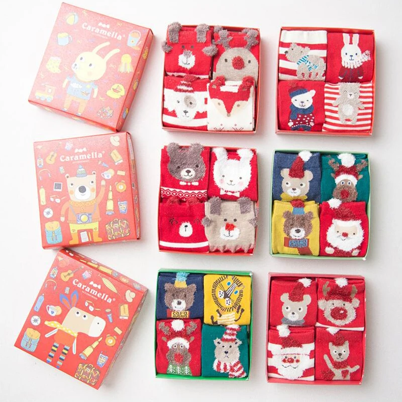 

Autumn Winter New Children Socks 4 Pairs Christmas Gift Box Cotton Cartoon Kids Boys Girls Warm Socks