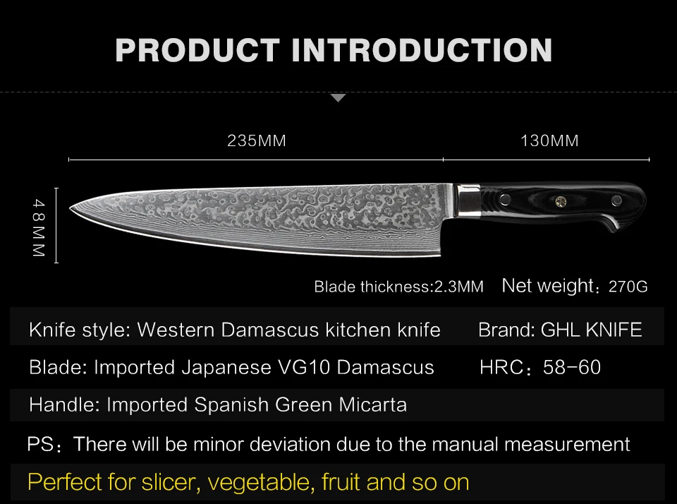 GHL 10,5 дюймов Дамасские Ножи, кухонный нож, очень острый нож для резки мяса, кухонные инструменты, ручка Микарта