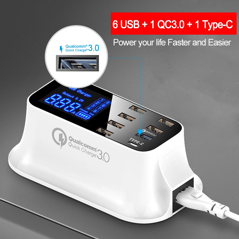 

Newest Quick Charge 3.0 Type C Charger Station Smart USB Led Display Fast Charging for Tablet USB Charger free shipping