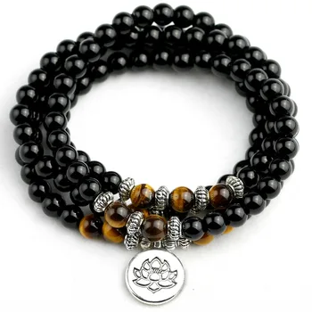 Men’s Bracelet 108 Beads Natural Black Onyx Bracelet Tiger eye Beads Multi-layer Rosary Mala Bracelets Women Free Shipping