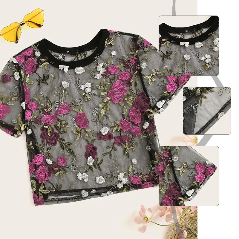 SweatyRocks Цветочный вышитый укороченный сетчатый топ с коротким рукавом и круглым вырезом, уличная одежда, сексуальные прозрачные топы, модные летние повседневные блузки