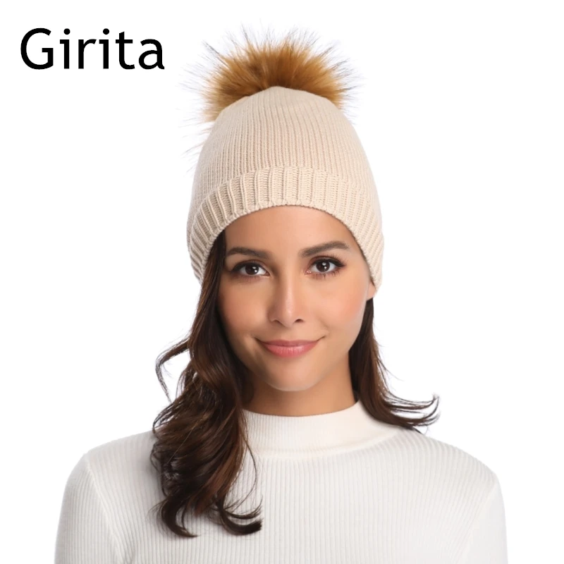 

Girita Women's Winter knit hat women girl Hats fleece lined crochet Skullies Beanies Cap Pompon Fur Female Warm Caps