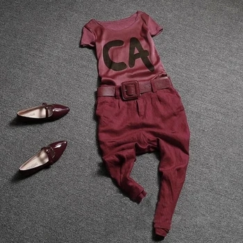 

Free shipping 2015 Ladies fashion T-shirts silk cotton and linen suit haroun pants two-piece outfit