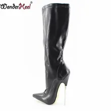 Wonderheel/очень высокий каблук. Пикантные сапоги до колена из матовой кожи на каблуке-шпильке 7 дюймов с острым носком и металлическим каблуком