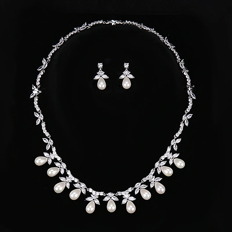 HIBRIDE font b Luxury b font Design Fashion Pearl Pendant Earrings Necklace Austrian Crystal White Gold