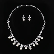 HIBRIDE Luxury Design Fashion Pearl Pendant Earrings/Necklace Austrian Crystal White Gold Color Women Bridal Jewelry Sets N-165