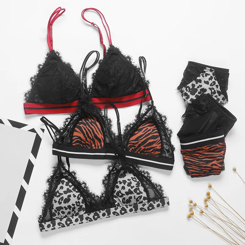 New Summer Sling Bra Set Sexy Leopard Lace Style Women Underwear Wire-Free Triangle Cup Comfortable Lingerie and T Panties Set