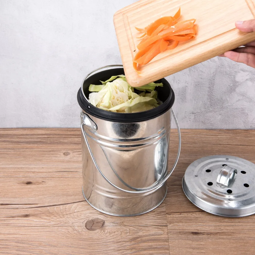 Günstig ANHO 3L Küche Kompost Bin Melonen Blätter Hausgemachte Organische Mülleimer Im Freien Arbeitsplatte Schwarz Holzkohle Filter Doppel Eimer