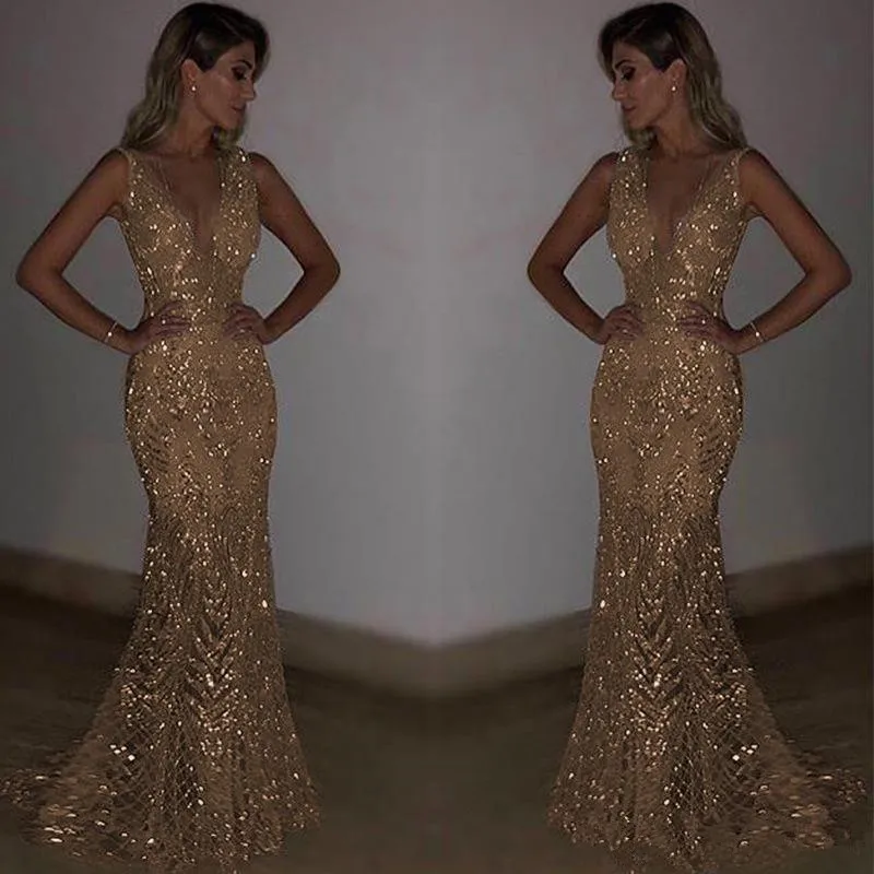 

Bling Sequined Sequins Mermaid Prom Dresses 2019 Deep V Neck Sexy Long party Gowns Special Occasion cocktail Gowns