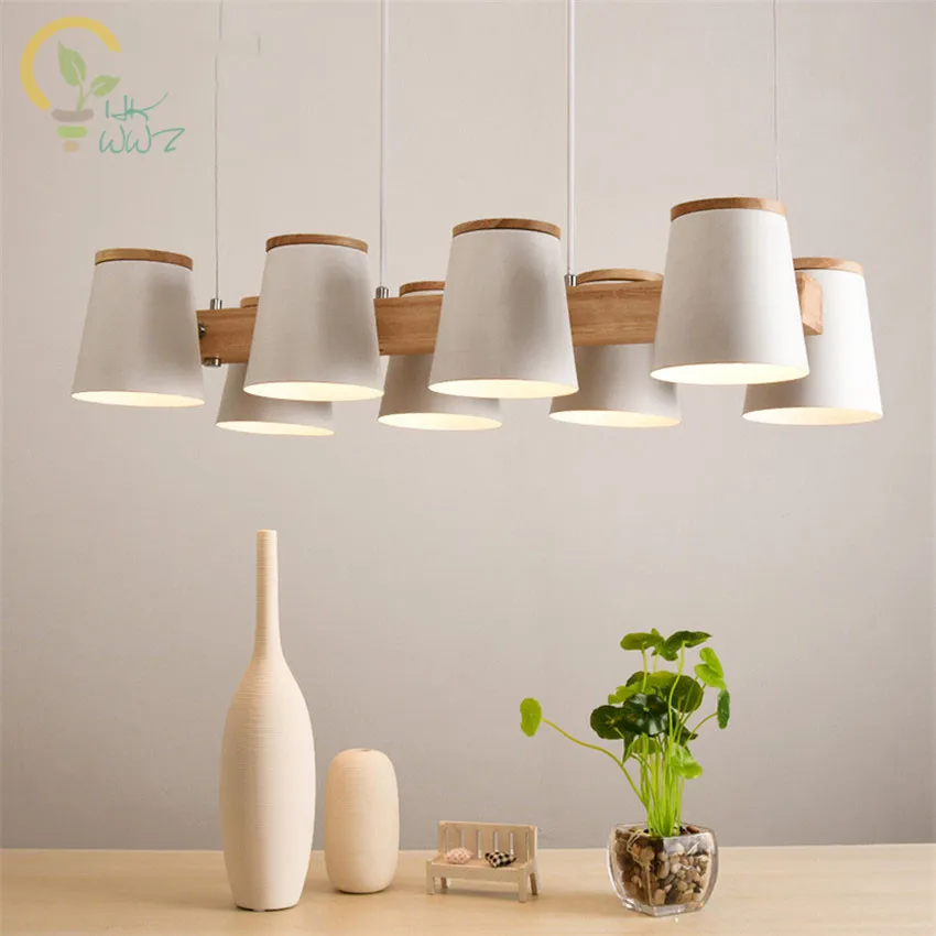 

E27 Adjustable Led Pendant Lights Wooden Dining Light With Metal Lampshade Lustres Modern Hanging Lamp Suspension Lighting