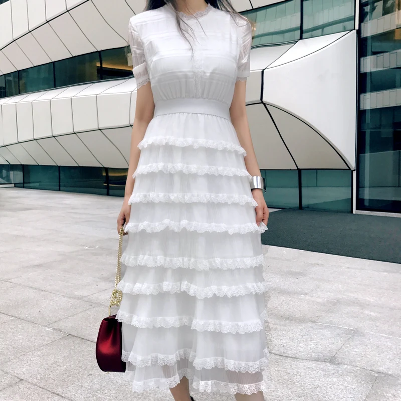 

2019 New Runway Vintage Summer Self Portrait Women dress Patchwork Lace mesh Sexy white cake Dresses vestidos robe