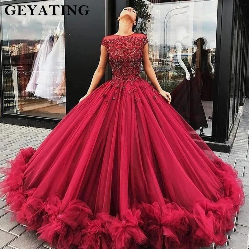 Us 1845 25 Offmerah Marun Gaun Pengantin Putri Quinceanera Gaun Manis 15 Vestido De Quinceanera 2019 Beaded Lace Off Bahu Gaun Pesta Bengkak In