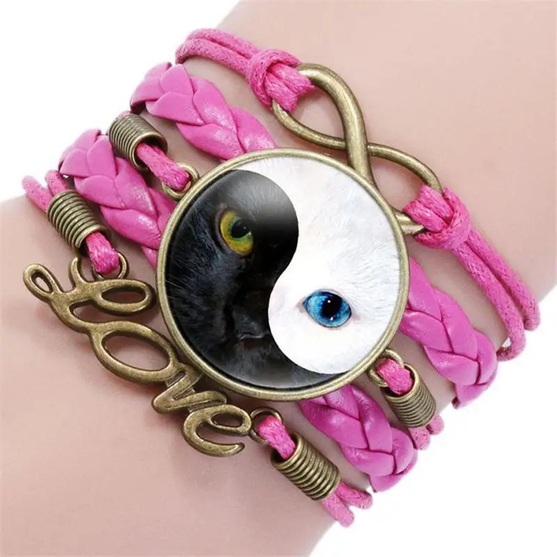 Многоцветный Китайский Мистический Инь Ян Тай Чи Ба-гуа кошачий глаз стеклянный браслет ручной работы кабошон кожаный браслет