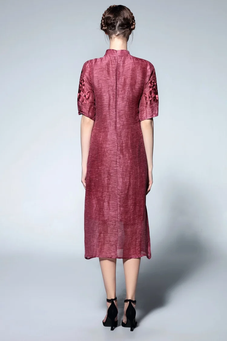 Grey Vintage Embroidery Stand Collar Shift Dress (10)