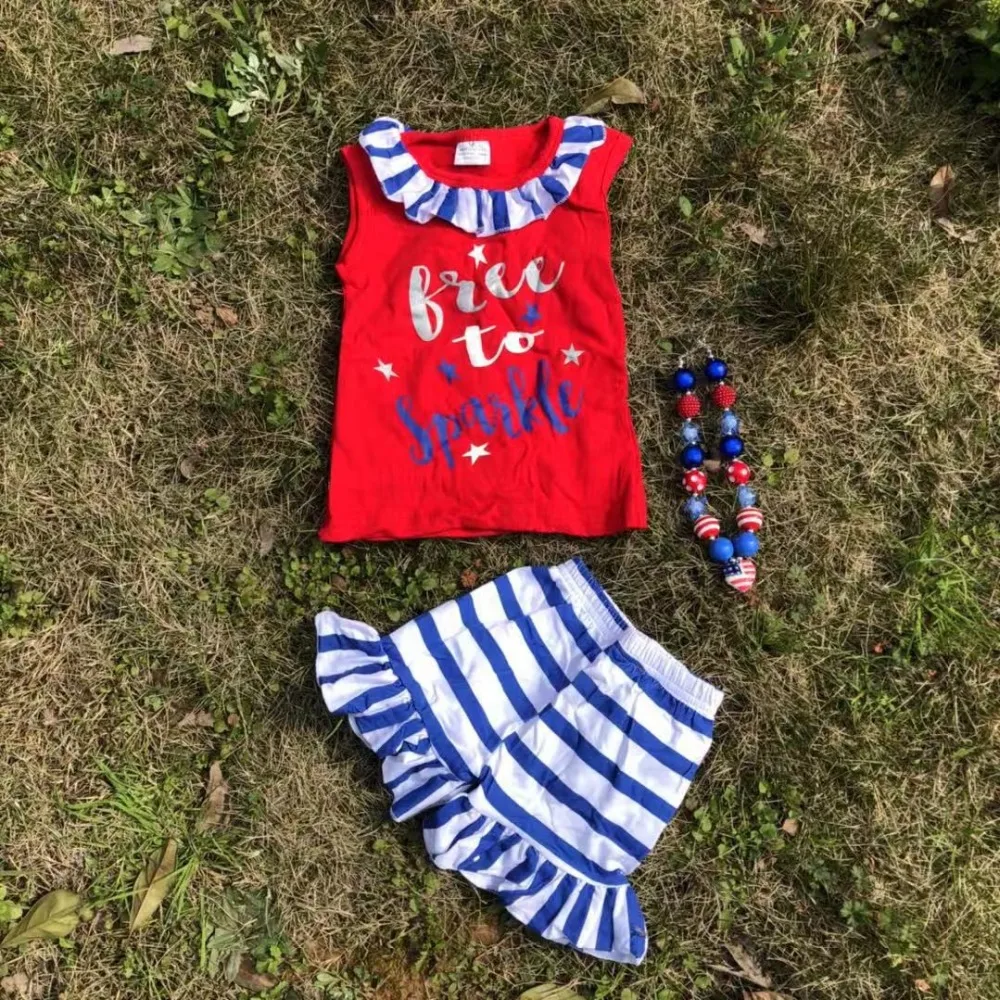 

July 4th Design Girls Boutique Clothing Set blue Vest Button Striped Ruffle Capris baby kids Independence Day Outfits Clothes