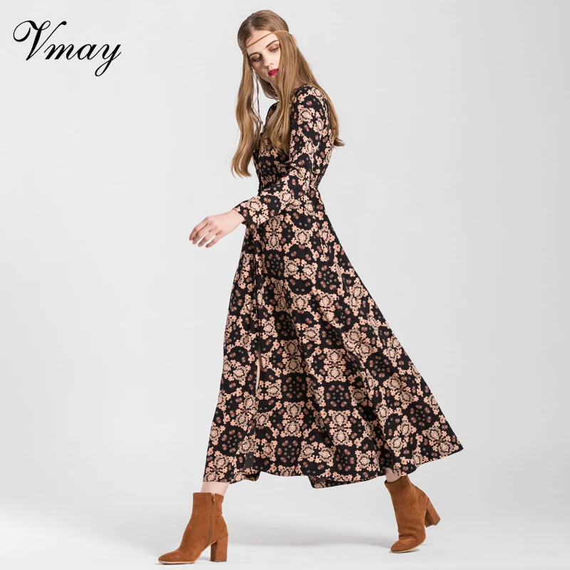 Vmay Women Vintage Bohemian Long Maxi Dresses 2018 New Arrival Beach Floral Print Button V-Neck A-Line Dress Female V1710412 | Женская