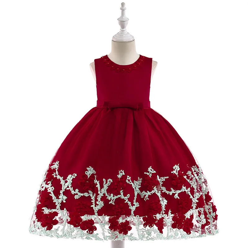 

Red Flower Girl Dress Kid First Communion Dresses Tulle Lace Wedding Floral Ruched Princess Costume For Junior Children Clothes