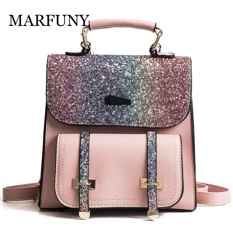 Günstig MARFUNY PU Leder Frauen Rucksack Doppel Pfeil Bling Pailletten Schule Rucksäcke Für Teenager Gold Tasche Für Mädchen Rucksack Frauen Sac