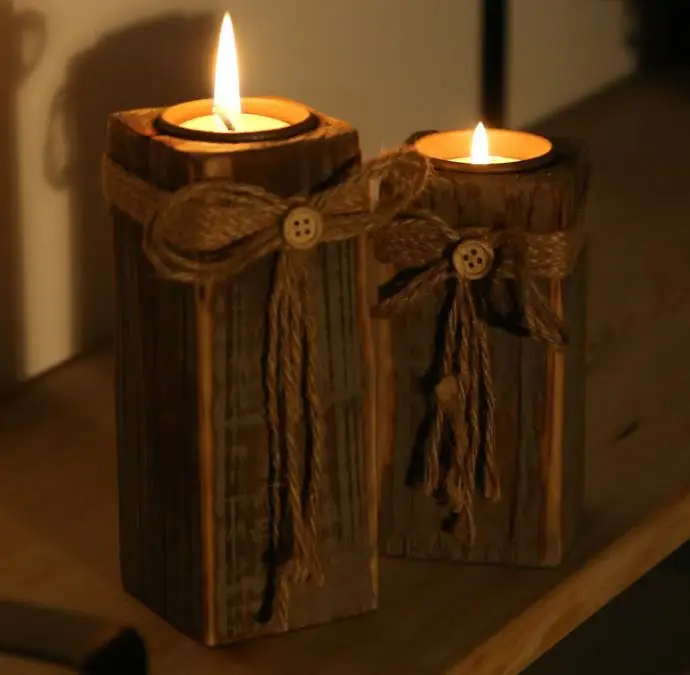 

Vintage Wooded candle holder wedding Xmas wood tea candle holders coffee bar home party decoration handmade candlestick favor
