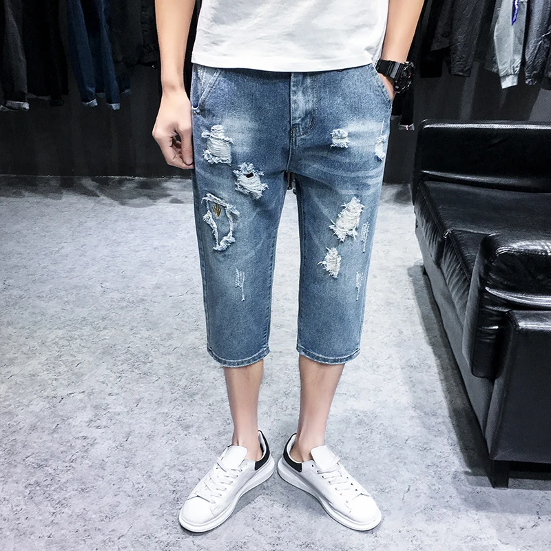 

2019 summer new thin section cropped trousers men's hole jeans men's hip hop street clothing loose comfortable 7 points jeans