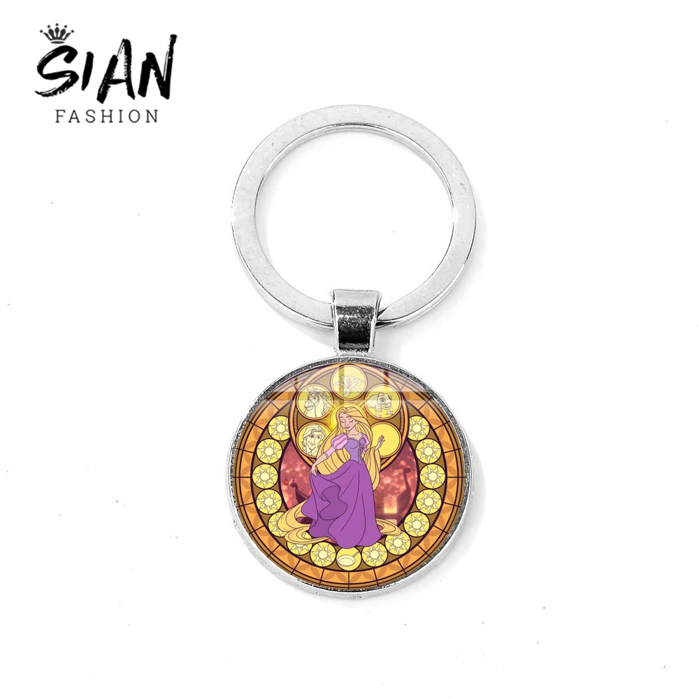 

SIAN Tangled Rapunzel Key Ring Princess Figure Art Photo Glass Dome Time Gem Toy Key Chain Bag Charm Gift for Girls Kids Jewelry