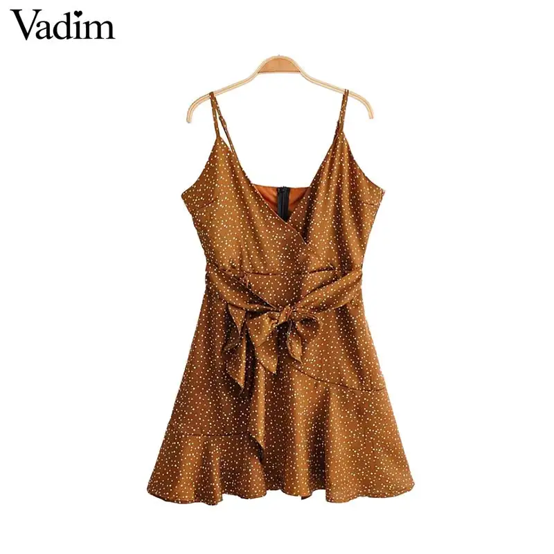 

Vadim women dots print V neck sleeveless dress bow tie sashes ruffles adjustable strap mini dresses summer A line vestidos QB321