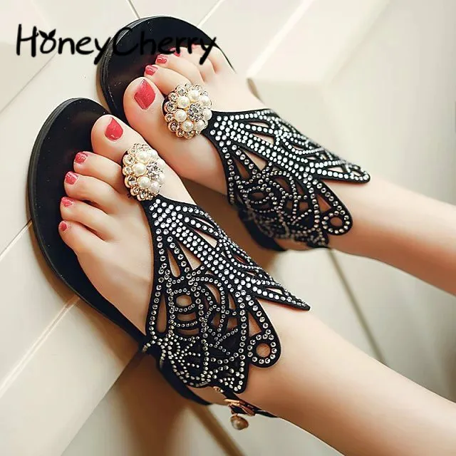 

Rhinestone Sandals Women's Summer New Beach Shoes Sweet Beaded Pearl Flowers Flats, Shoes Woman size35-39