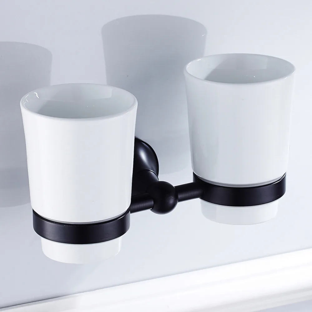 Leyden Oil Rubbed Bronze Brass Black Toothbrush Holder With Double Ceramic Cups Holders Wall Mounted Bathroom Accessories Set |