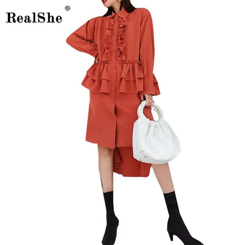 

Realshe 2019 Women Dress Turn-down Collar Long Sleeve Ruffles Buttons Asymmetrical Slit Dress Ladies Elegant Dresses Vestidos
