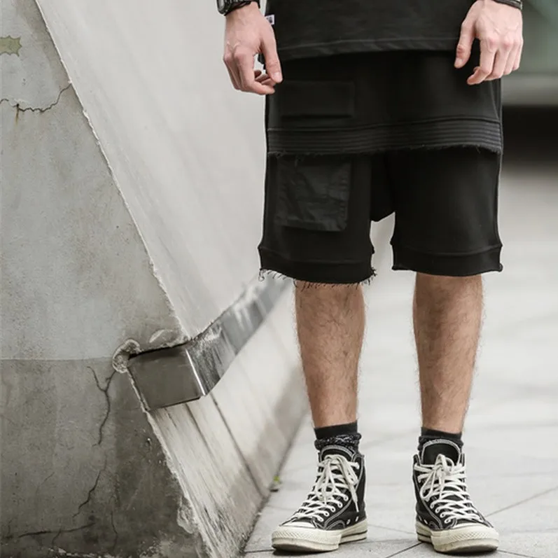 Хип-хоп летняя уличная одежда с необработанными краями мужские черные брюки для бега до колена панковские шаровары