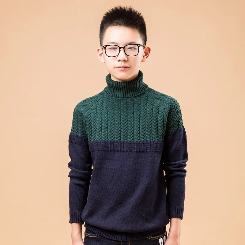 Big Boys Patchwork Turtleneck Sweater 2018 Spring Children Knitwear