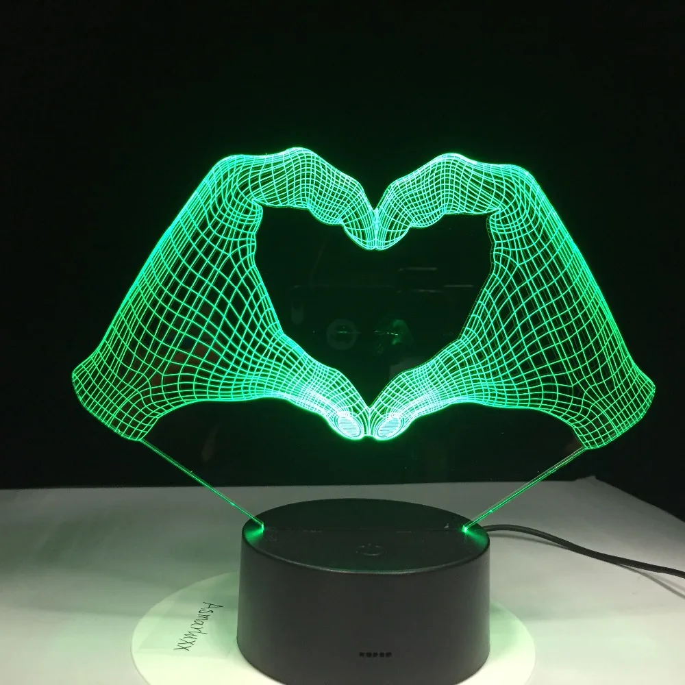 3D светодиодный светильник в виде сердца с жестом руки, ночник с 7 цветами, светильник для украшения дома, потрясающий оптический светильник, рождественский подарок