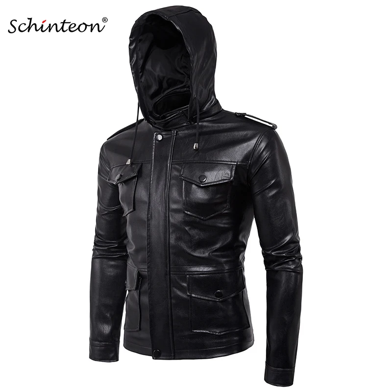 

Men Soft PU Leather Jacket with Leather Hood Black Mutil Pockets Plus Size Motorcycle Jacket Male Brand Clothing
