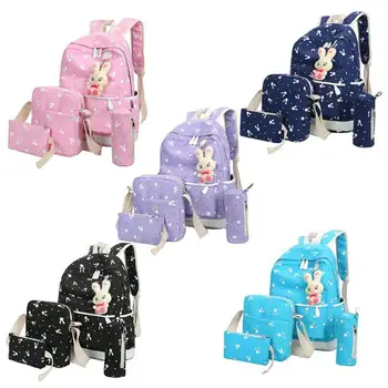 

4Pcs/Sets Women Backpacks Teenage Girls Students Cartoon Rabbit Printing Canvas School Backpack Mochila Feminina Rucksack