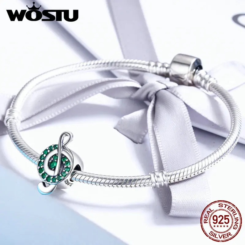 WOSTU New Collection 925 Sterling Silver I Love Music Note Green Clear CZ Beads Fit Charm Bracelet Beads Jewelry Gift DXC450