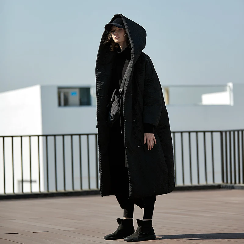 Магазин Джессики Оригинальный дизайн для женщин зимние толстые теплые с капюшоном длинные черные кокон стиль негабаритных Белая Куртка