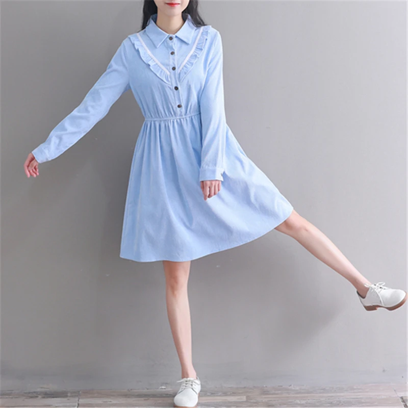 

Autumn Winter Vintage Dress New Women Solid Color Long Sleeve Corduroy Dresses with Ruffles Female Japan Style Vestidos
