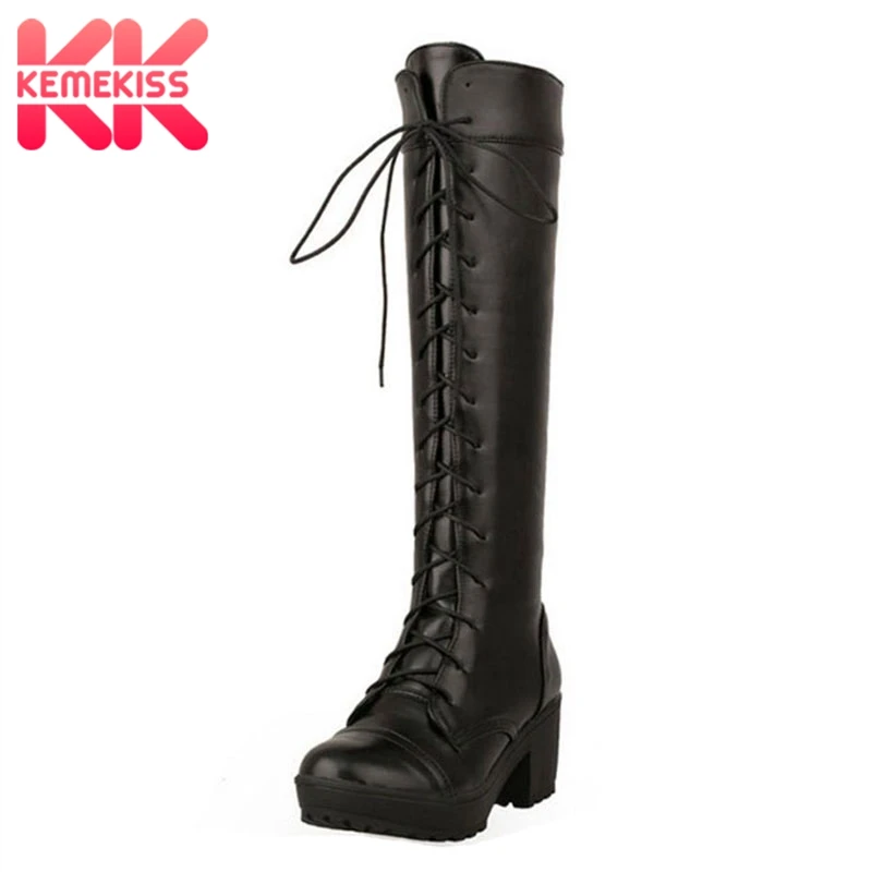 Kopen KemeKiss Size 34 43 Vrouwen Hoge Hak Knie Laarzen Lace Up Knight Laarzen Gothic Lace Up Lange Botas Warm winter Schoen Vrouwen Schoenen