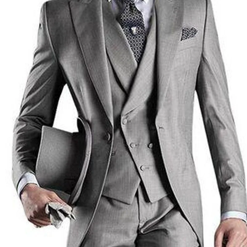 Light Gray Long Wedding Groom Tailcoat 2018 Custom Mens Suits Three Piece Groom Tuxedos Male Blazer Jacket Pants Vest