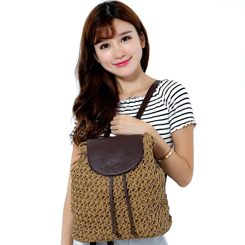 Women Backpack Drawstring Female Fashion Straw Bag Summer Beach INS Popular Lady Weave Back Pack Bag Large Travel Mochila BP0234 (14)