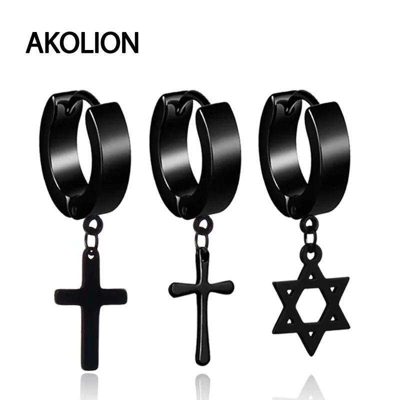 

2019 Punk Fashion Cross Stainless Steel Men Earrings Black Silver Hexagram Pendant Earrings For Bike Rock Male Ear Buckle 1pcs