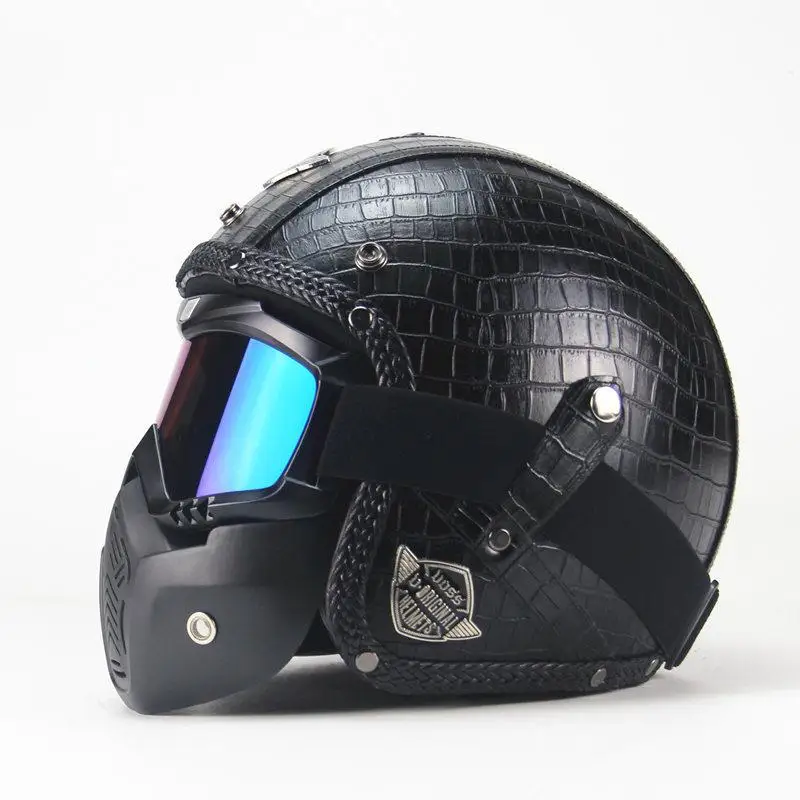 Шлем для мотокросса Adeeing из искусственной кожи шлемы 3/4 шлем для мотоцикла, байка с открытым лицом винтажный мотоциклетный шлем с Закрытая маска - Цвет: black