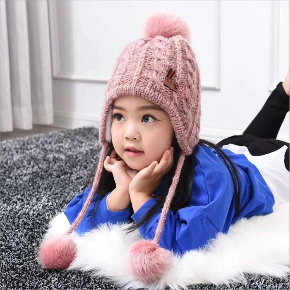 Yyun Winter Baby Knit Hat With Three Fur Pom Poms Boy Girls Fux Fur
