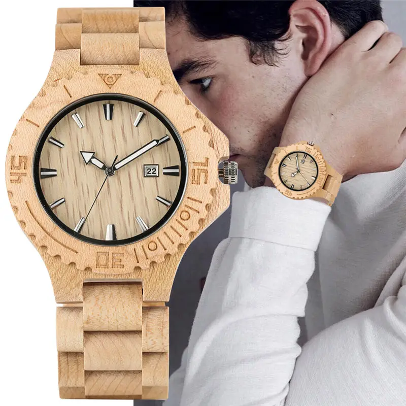 

Wooden Watch Calendar Quartz Luminous Pointers Lightweight Dial Wood Watches For Women Whole Maple Gear Case Reloj Mujer